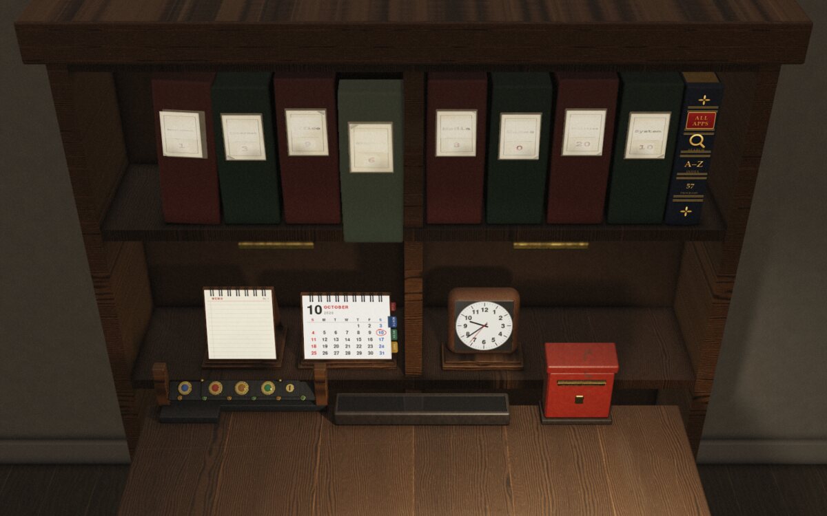 The bookcase: eight binders, the ALL APPS book, the calendar, memo pad, clock and post box
