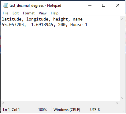 An example of a valid .csv file using decimal latitude/longitude