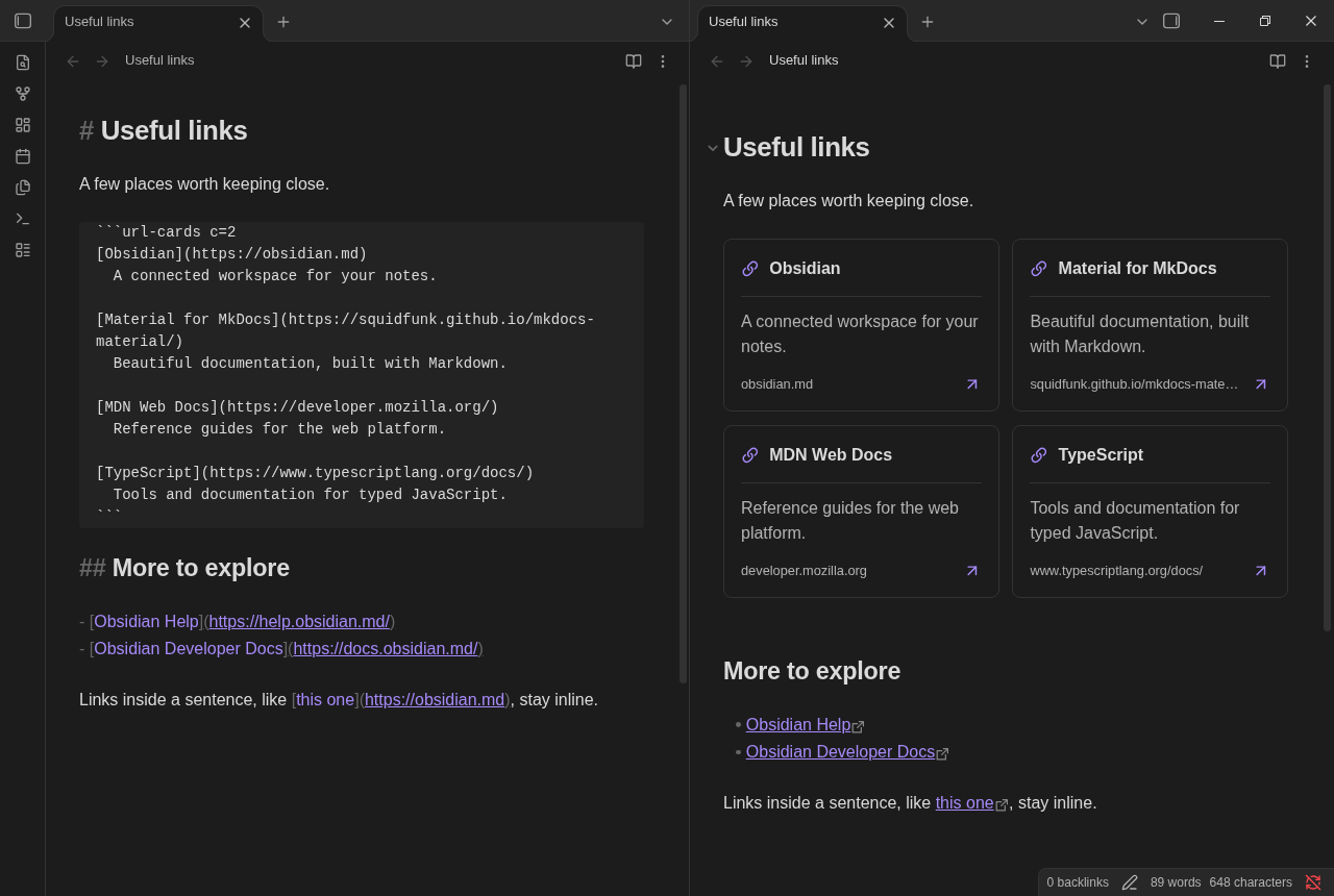 A url-cards block in Source mode beside the rendered cards in Live Preview.
