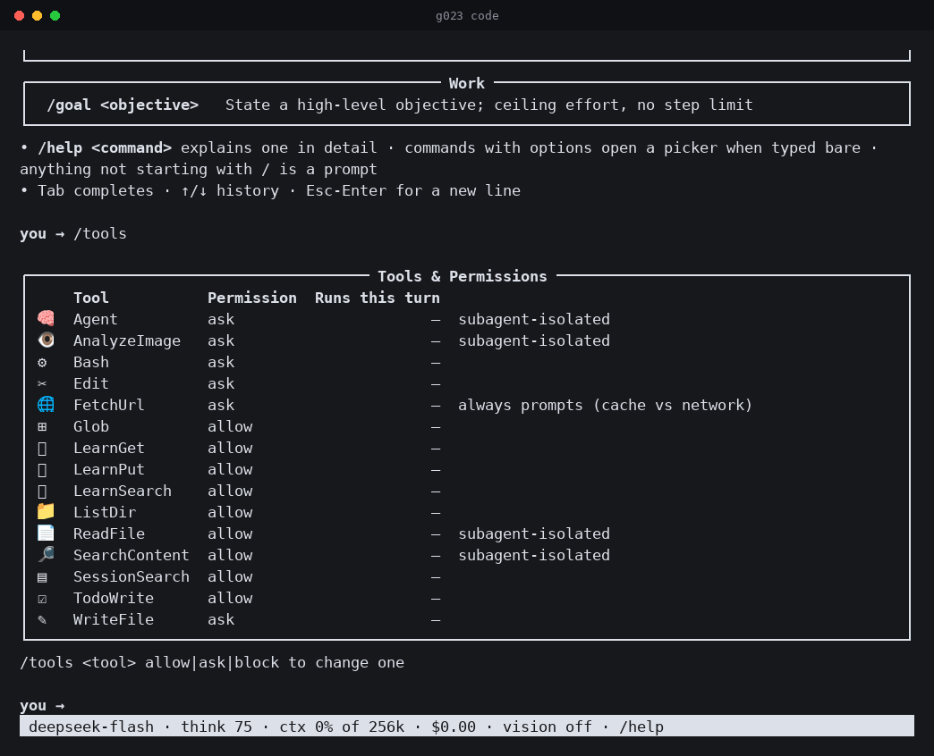 The /tools panel: permission level and subagent isolation for every tool