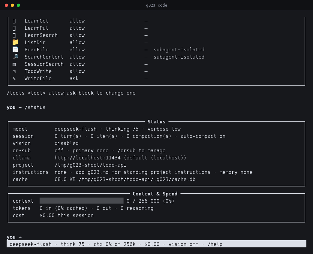 The /status dashboard: model, vision, project path, context gauge, and spend