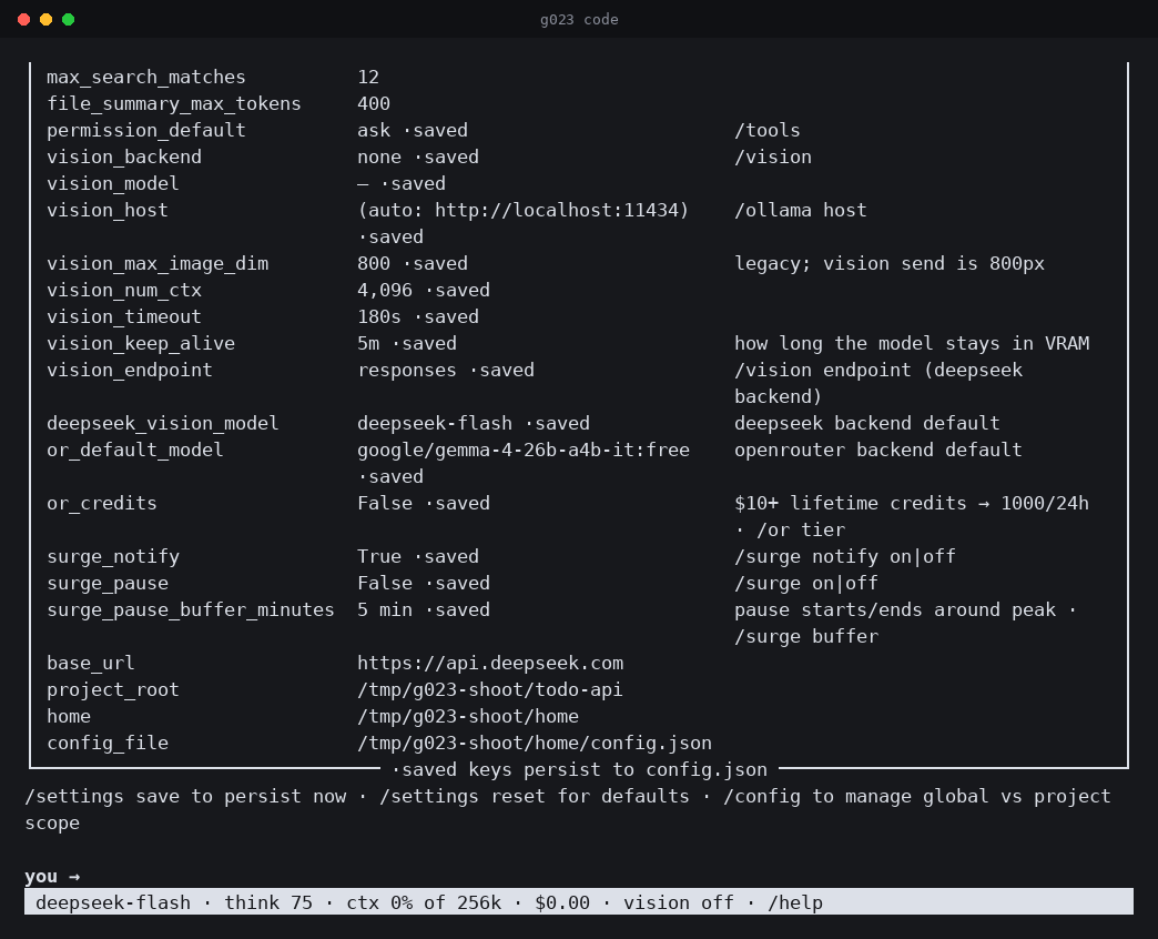 The /settings panel: every setting with its live value
