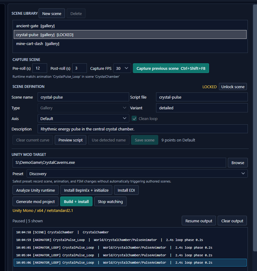 Runtime discovery showing a selected timed loop and its authored scene