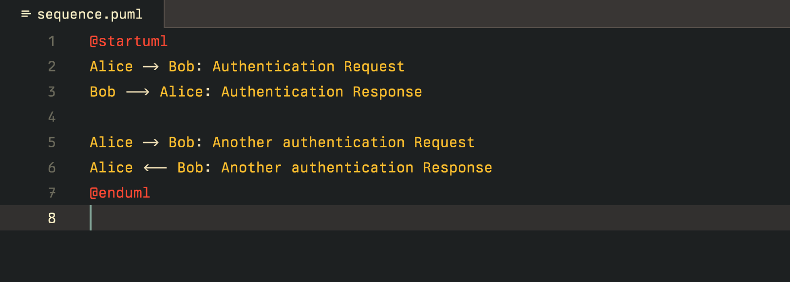 A snippet of PlantUML code in the Zed editor, with the syntax highlighted