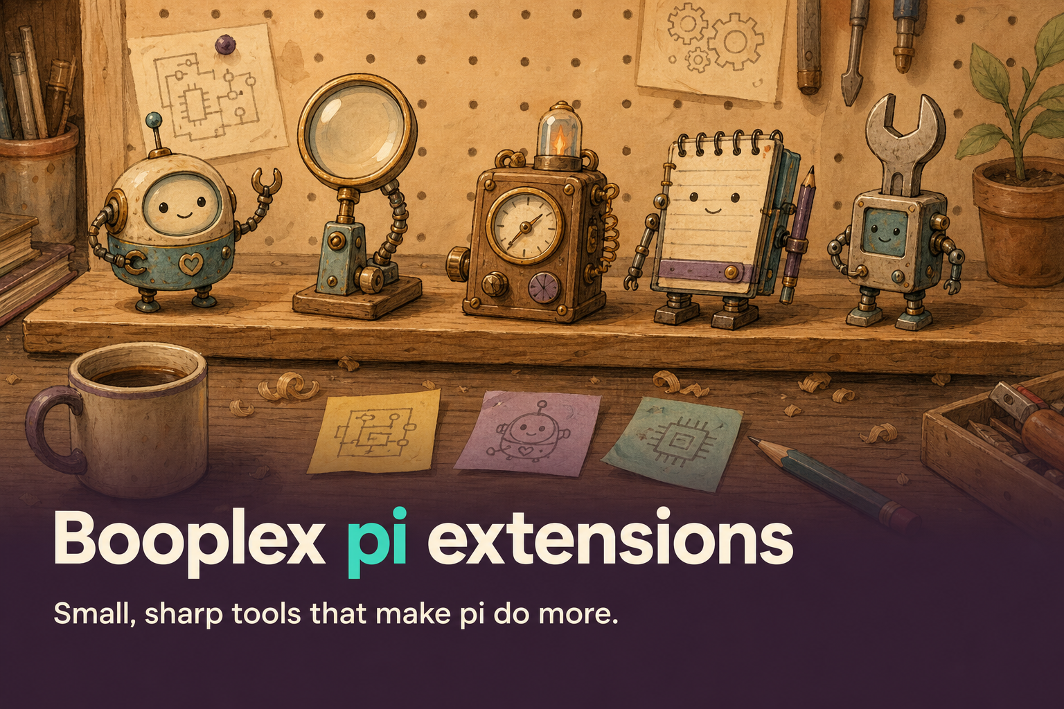 Booplex pi extensions — a shelf of small handmade tools and little robot gadgets on a tinkerer's pegboard
