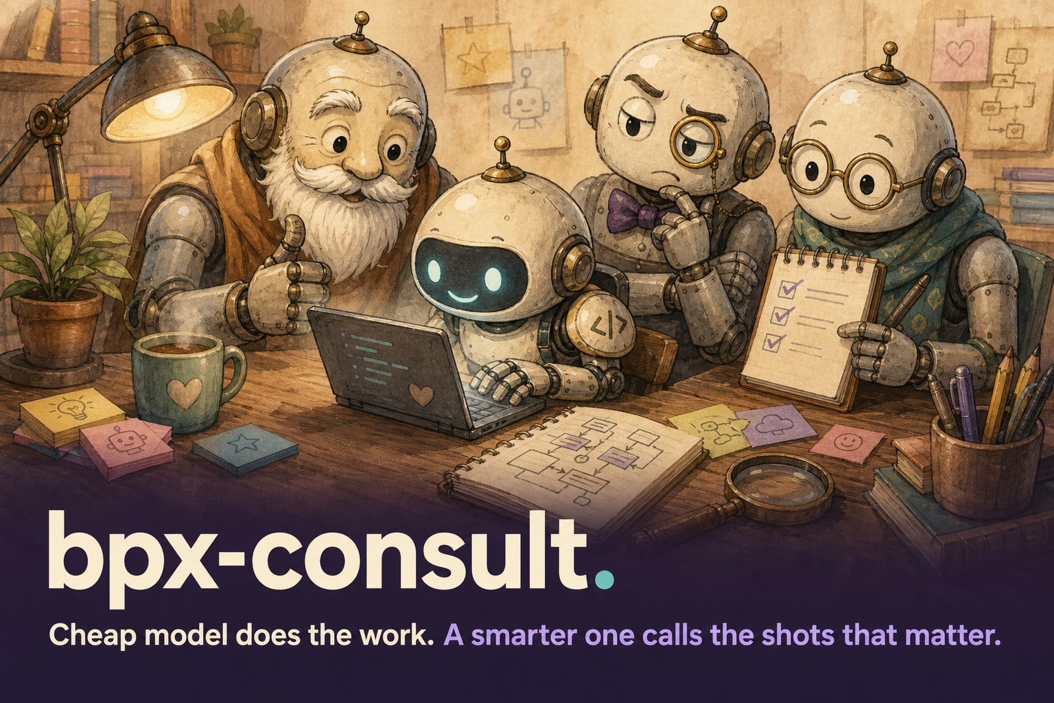 A small, cheap coding agent at a workshop desk, guided by a council of three senior AI advisors — one approving, one skeptical, one running a checklist