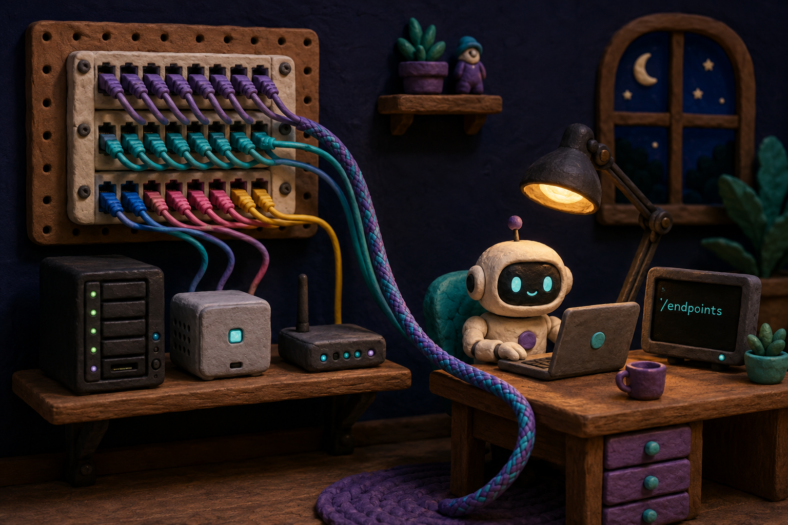 A small clay robot at a workshop desk, plugged by a thick braided cable into a patch panel of colorful endpoint cables and three tiny homelab machines