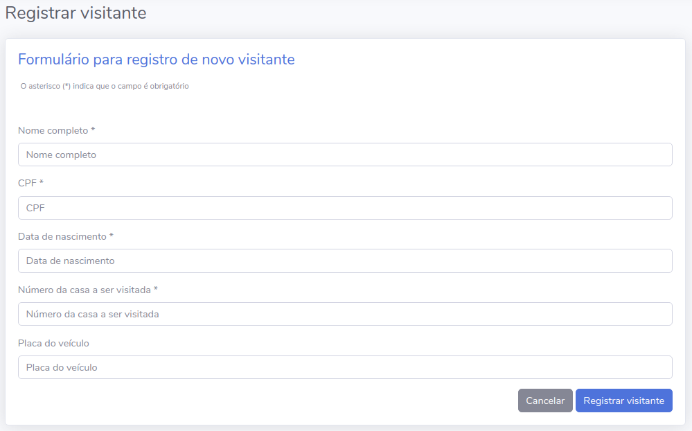 Tela de registro de visitante com formulário para inserção das informações