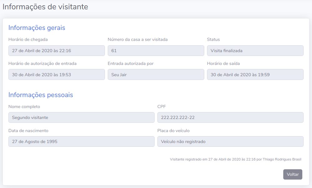 Tela de informações de visitante