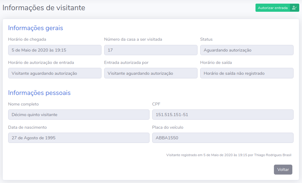 Tela de informações de visitante com botão para autorizar a entrada