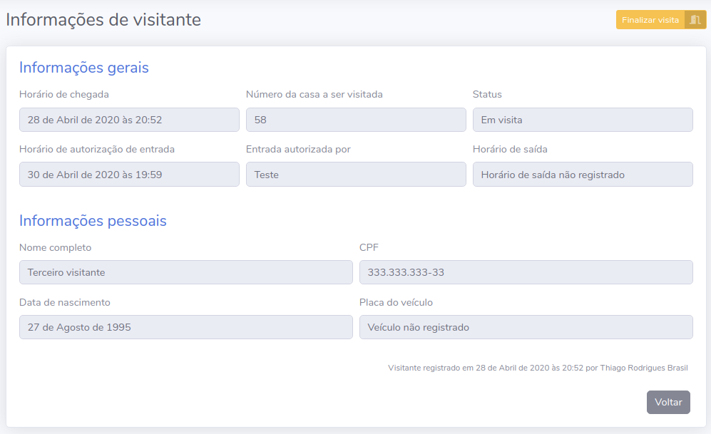 Tela de informações de visitante com botão para finalizar visita