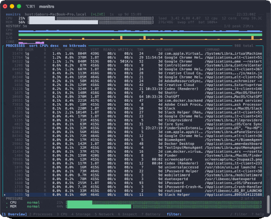 monitrs running: the Overview screen with live meters, the pressure radar, history sparklines and the process table