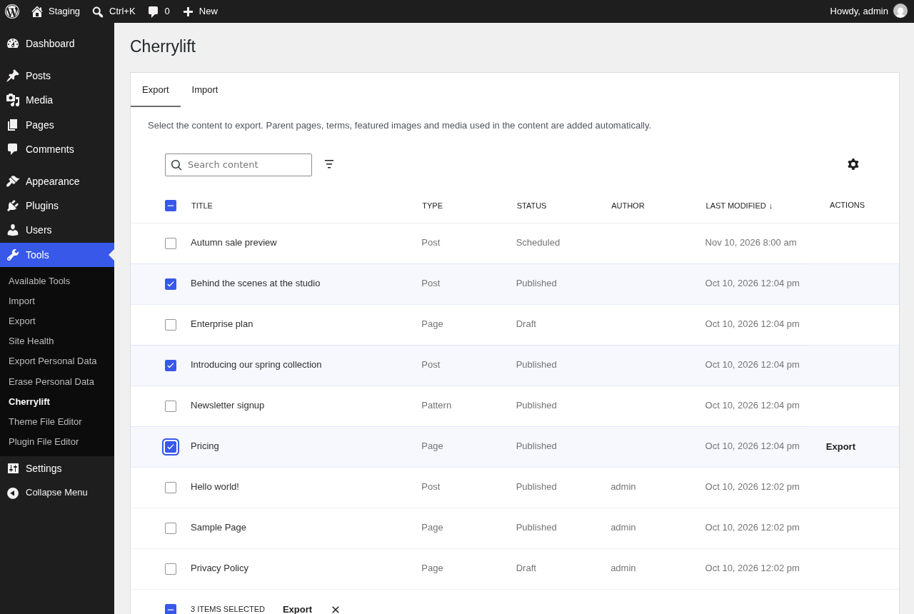 Selecting content to export