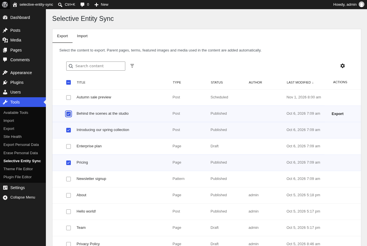 Selecting content to export