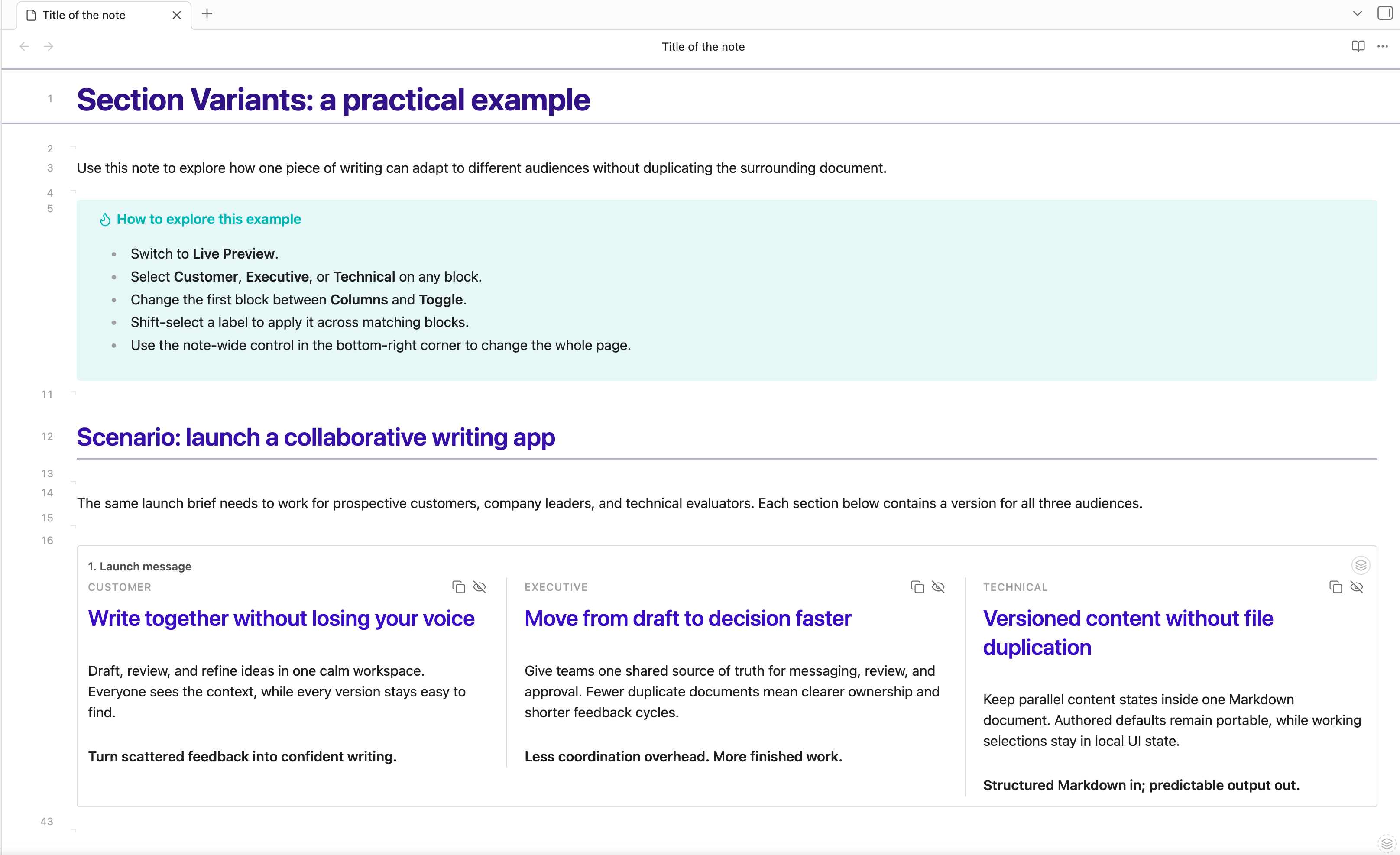 Section Variants showing Customer, Executive, and Technical content side by side in Columns view