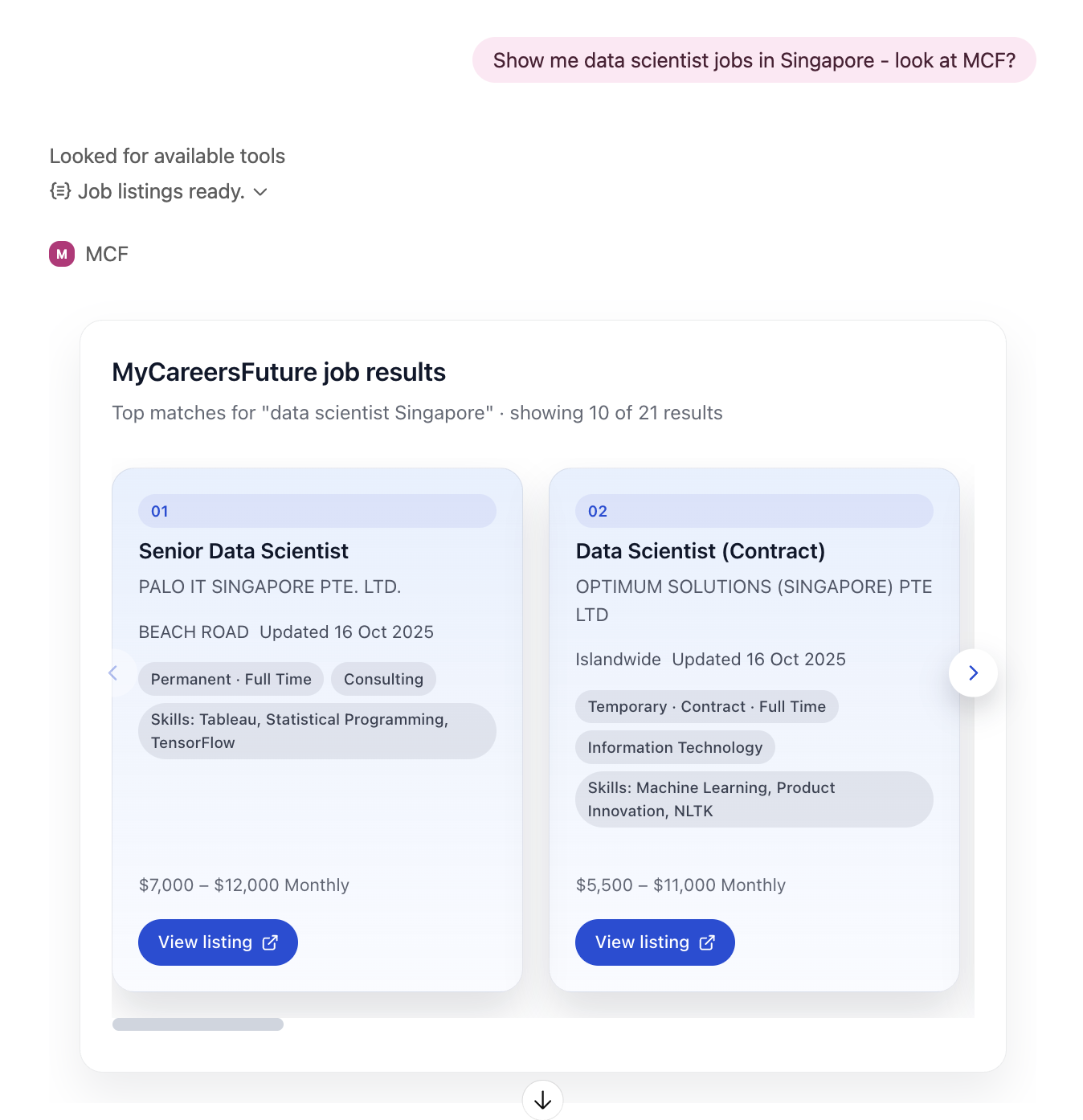 Screenshot of the MyCareersFuture widget rendered inside ChatGPT