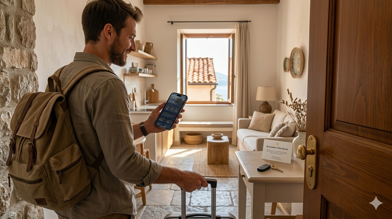 Ospite che accede alla guest app tramite smartphone all'ingresso della proprietà