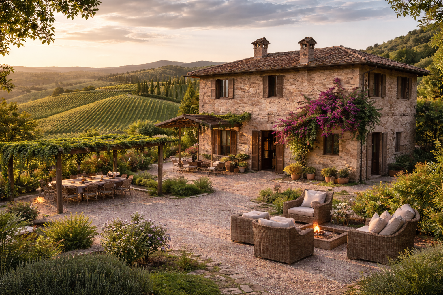 Casale Toscano vigneto tramonto
