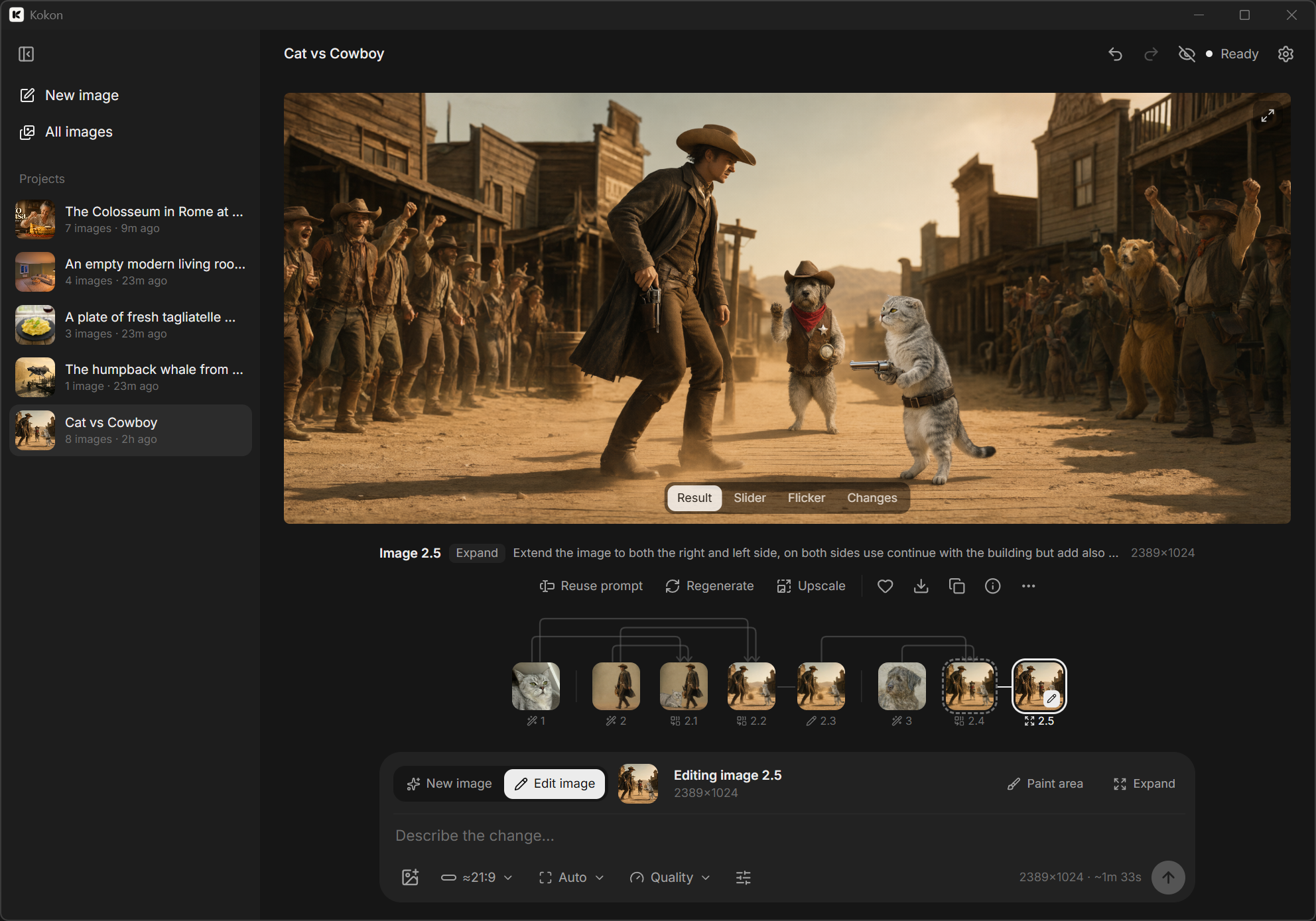 The Kokon window: a cat-and-cowboy western showdown built from three generated images, combined, edited and expanded, with its version tree, the compare views and the prompt box