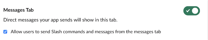 Enable "Allow users to send commands and messages from the messages tab” in the “App Home” settings