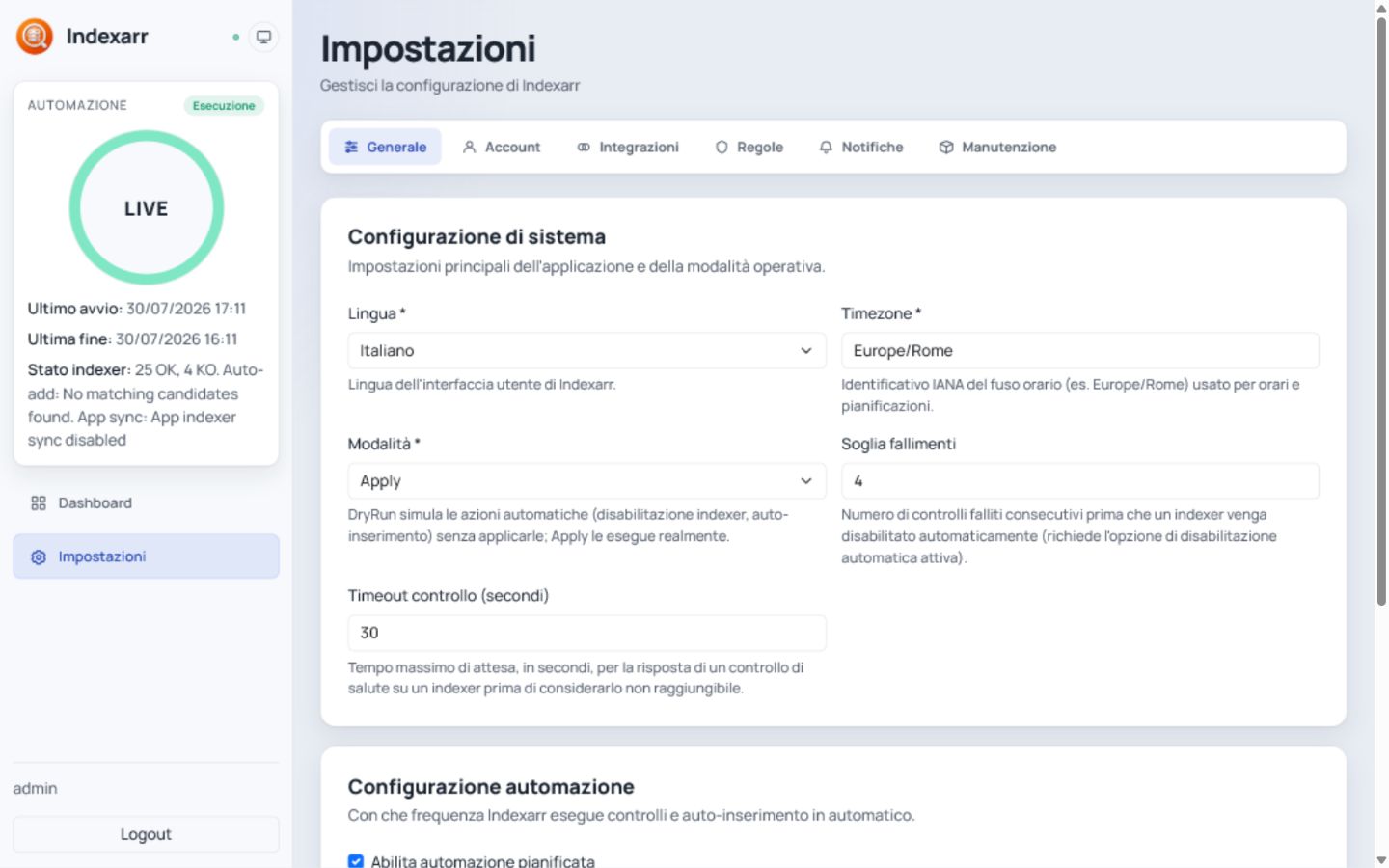Indexarr automation settings