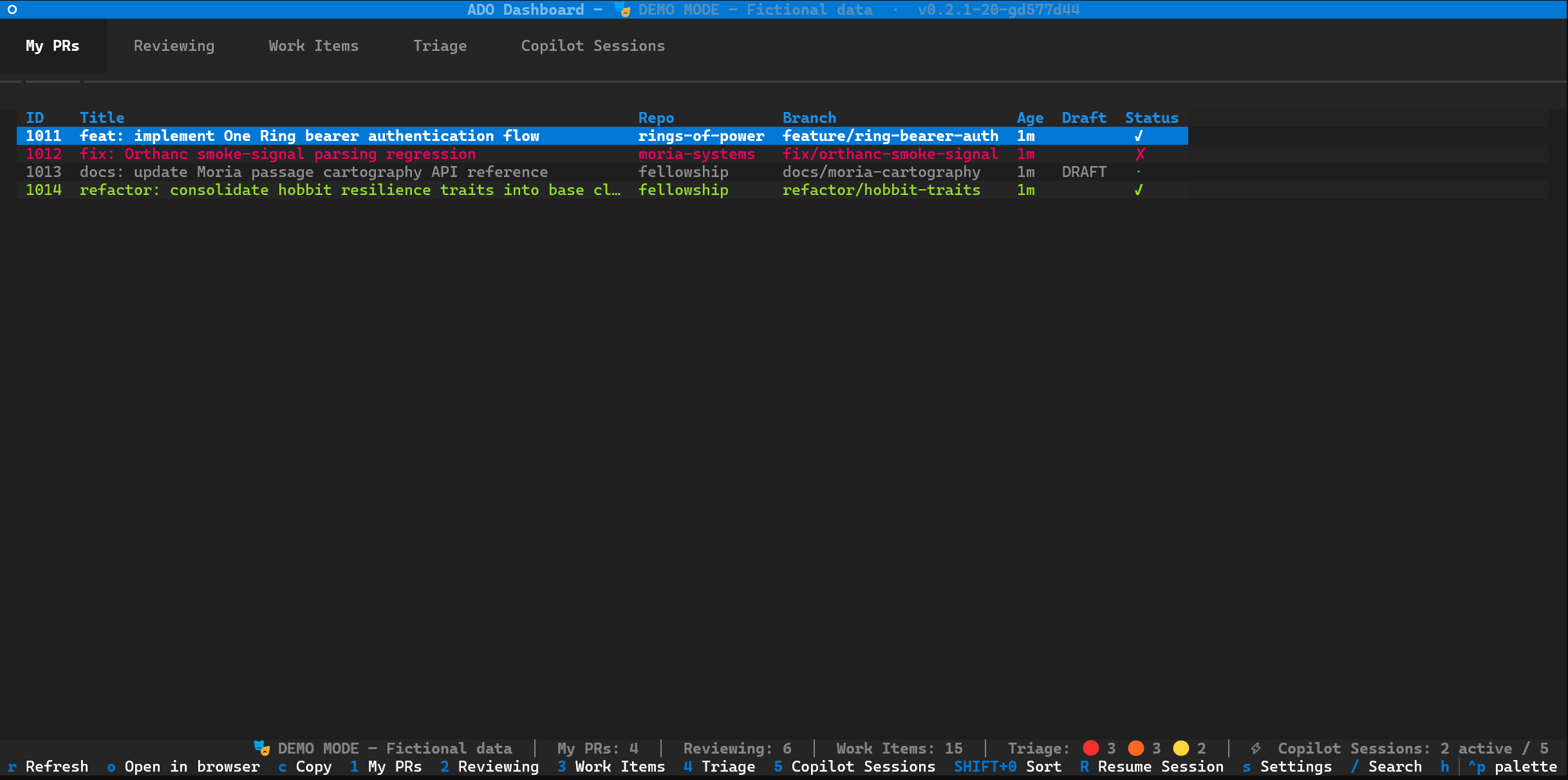 ADO Dashboard — My PRs tab in demo mode