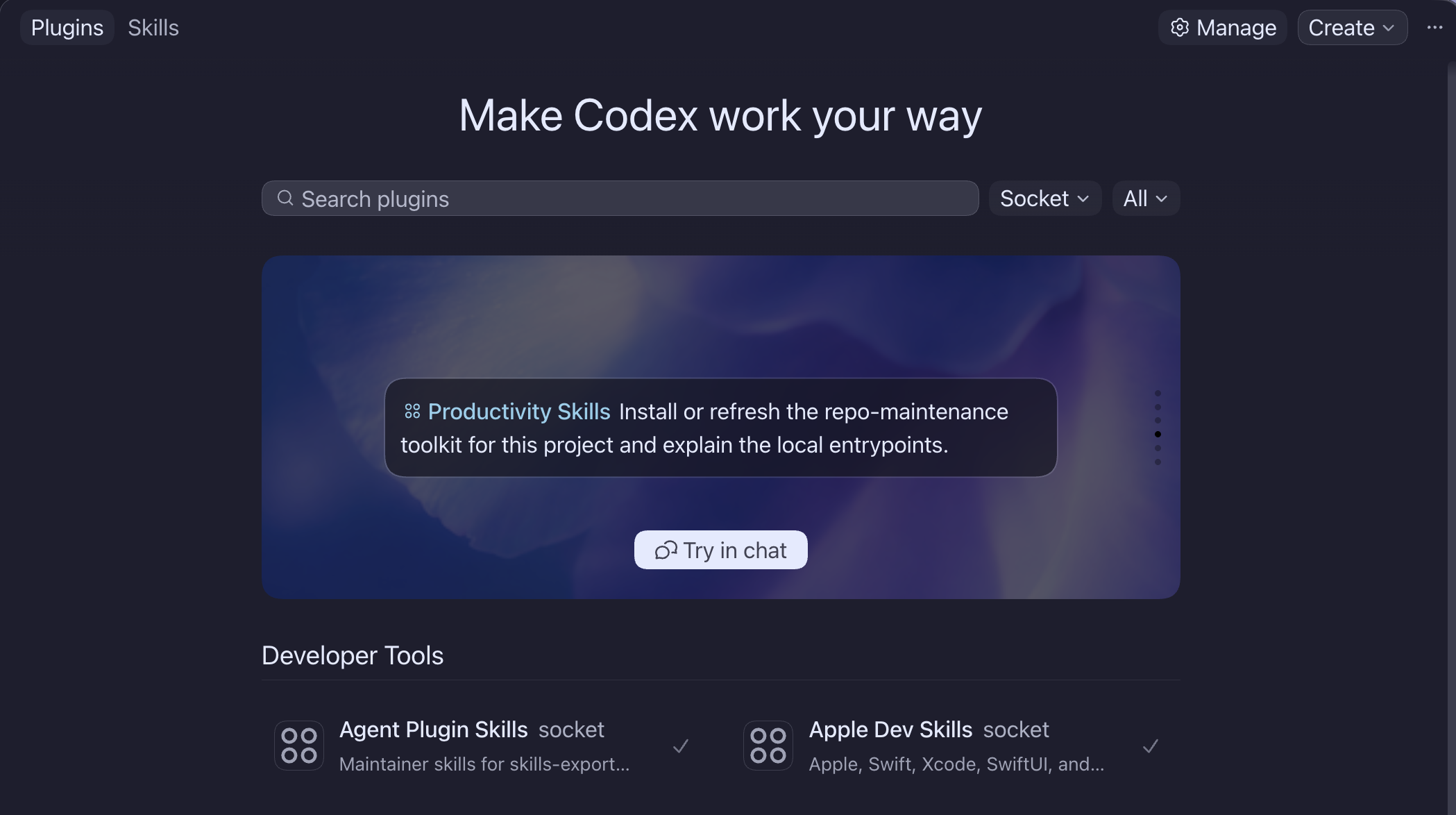 Codex plugin directory filtered to the Socket marketplace, showing Productivity Skills featured above installable Socket child plugins.