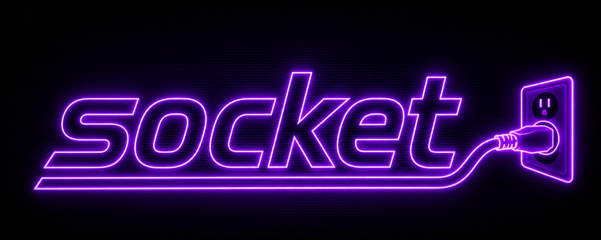 Socket neon banner with a glowing purple wordmark connected to a wall outlet.