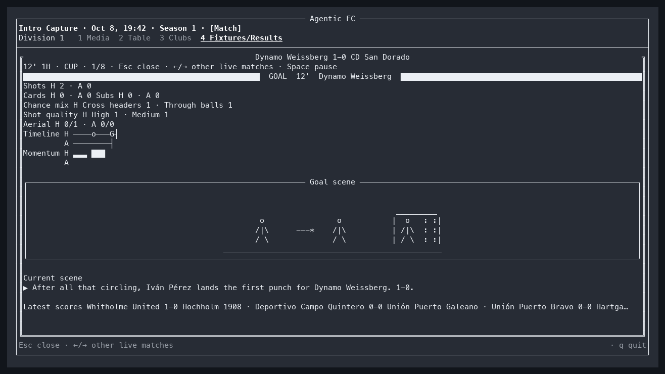 Animated Agentic FC terminal match scenes showing a goal, through ball, and set piece