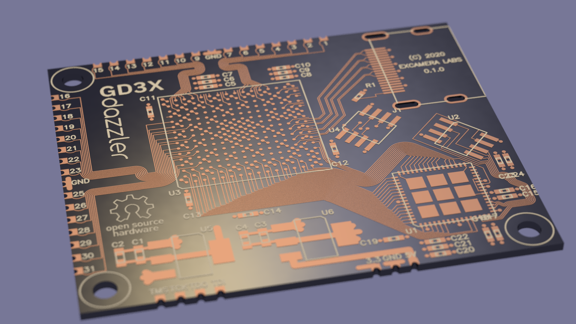 POVRay rendering of Dazzler PCB