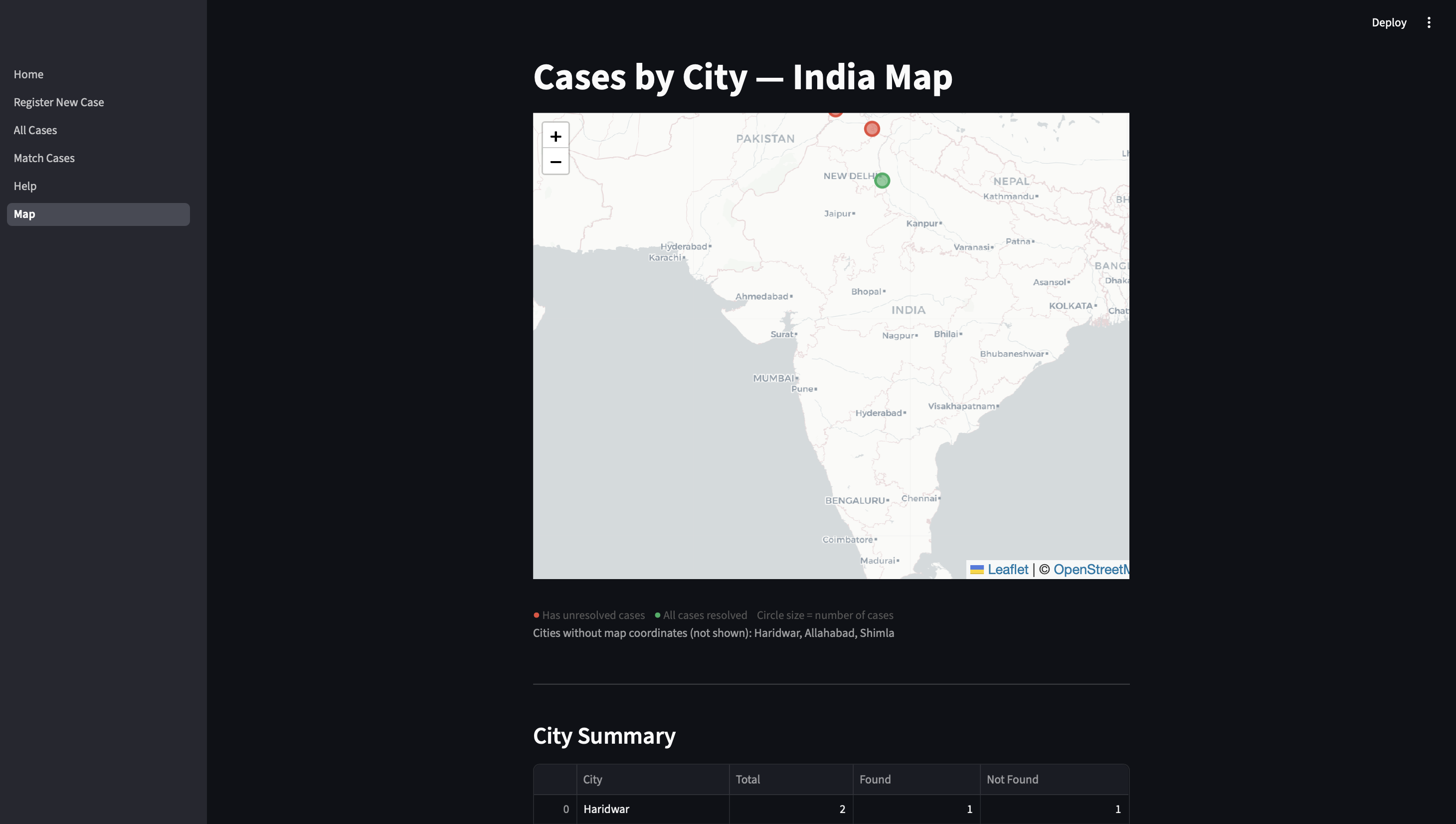 Cases by city — India map with city summary table