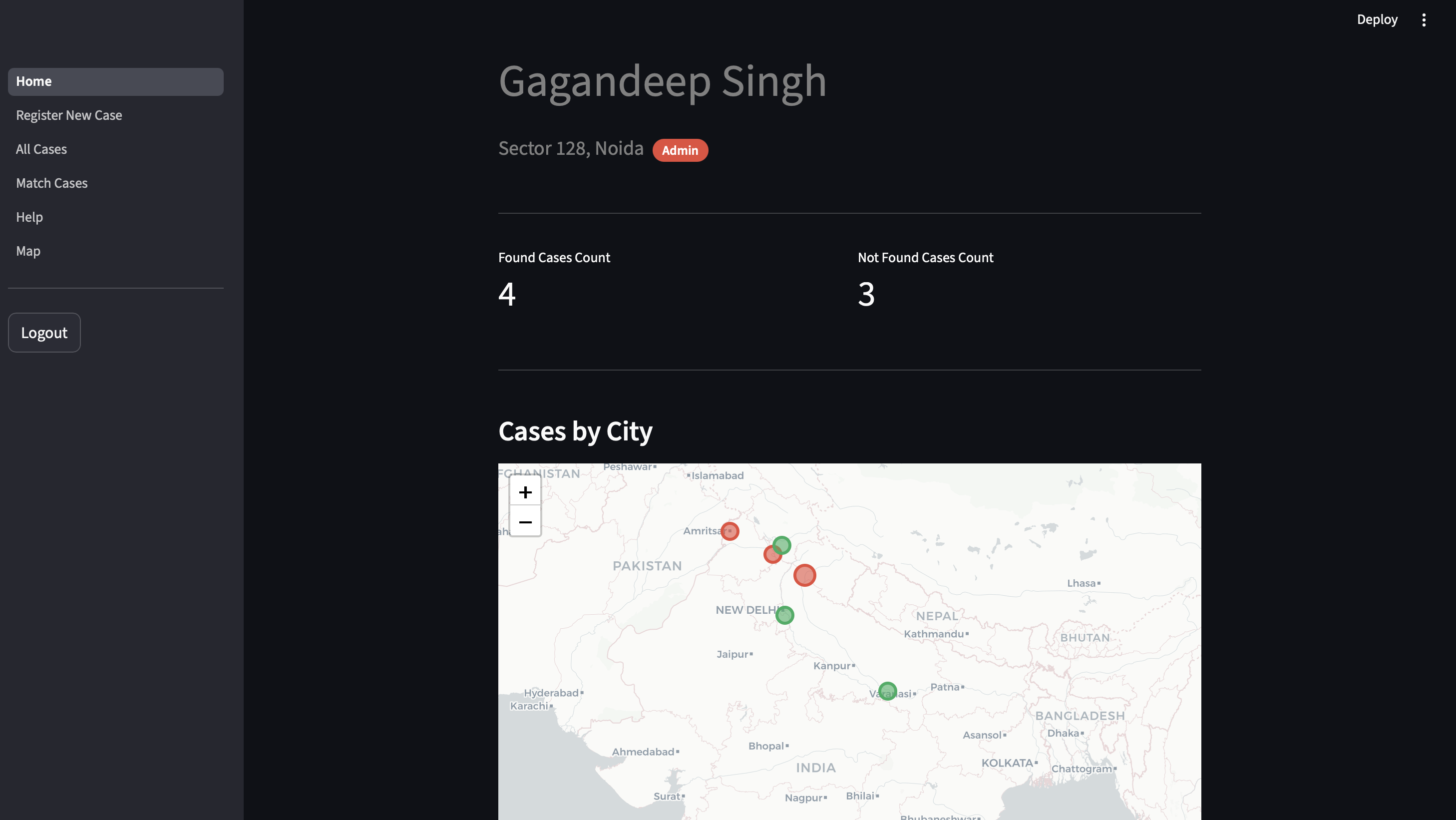 Officer dashboard with case counts and India map