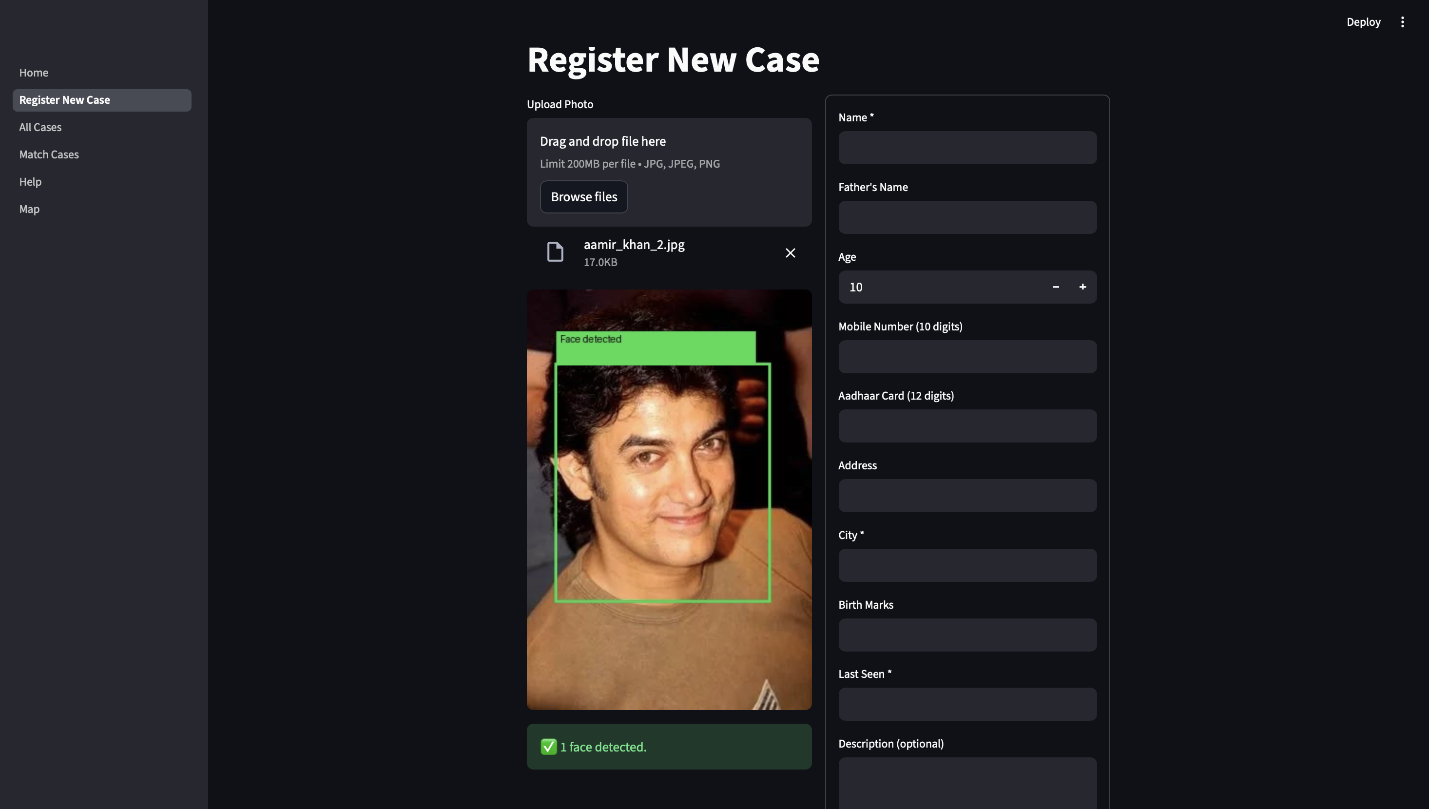 Register New Case — face detected with bounding box