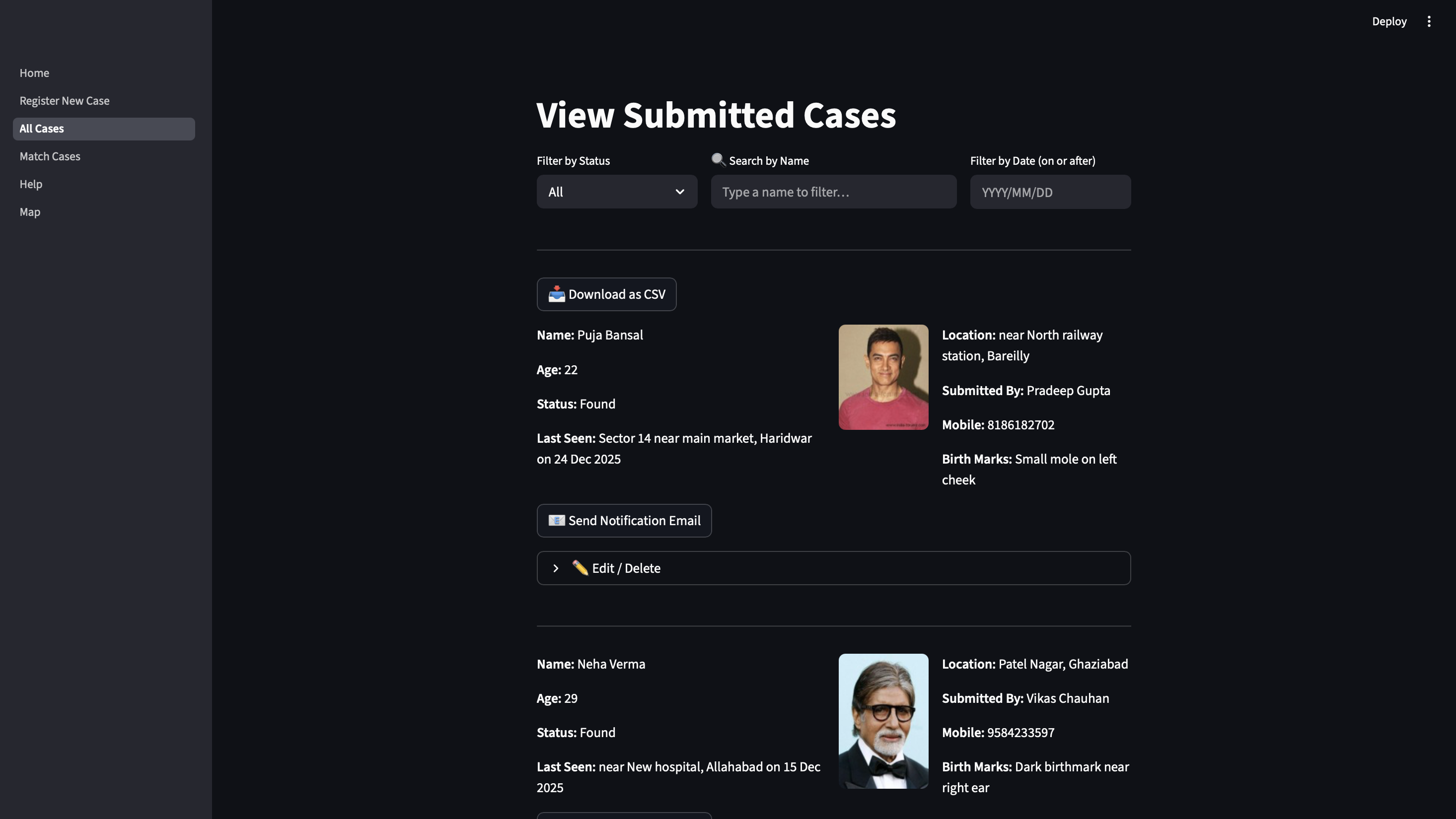 View cases — Found status with sighting location and submitter details