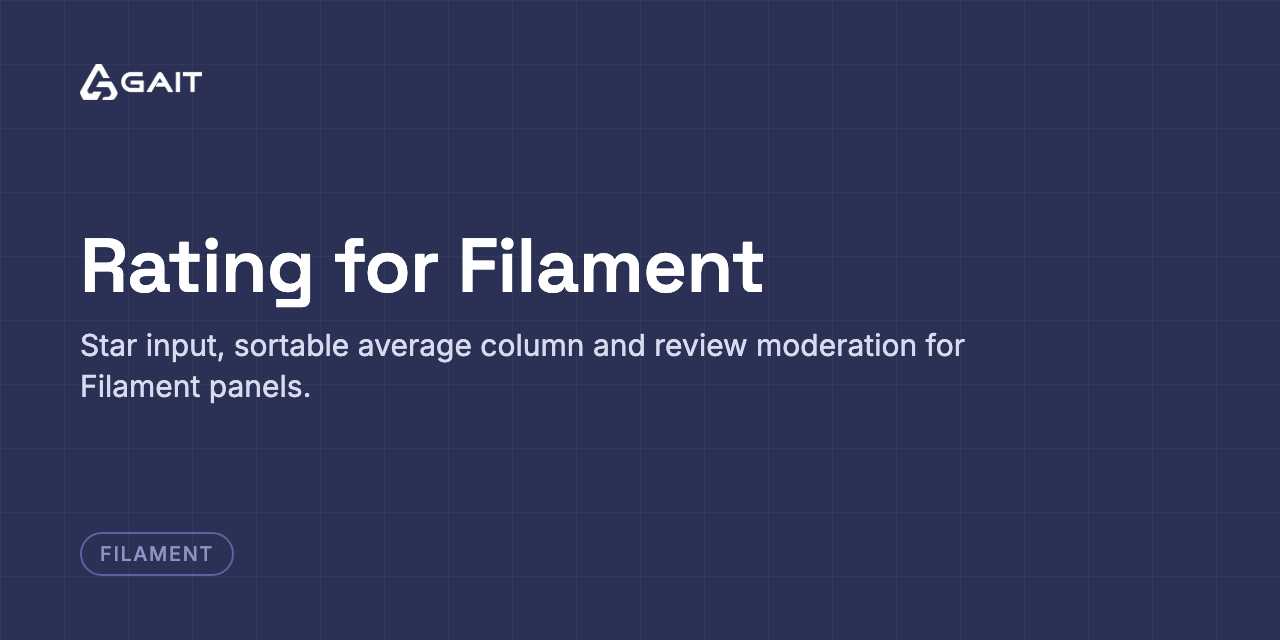 Rating for Filament — Star input, sortable average column and review moderation for Filament panels.