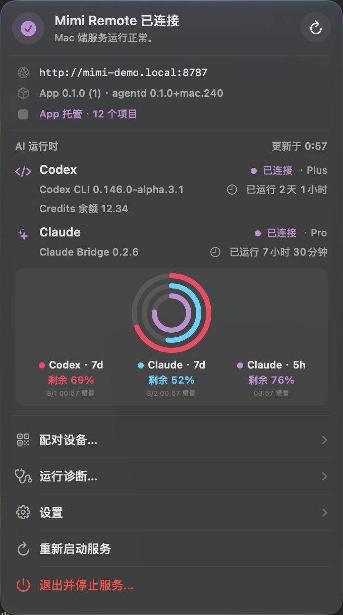 Mimi Remote Mac menu bar control surface with service, runtime, and quota status