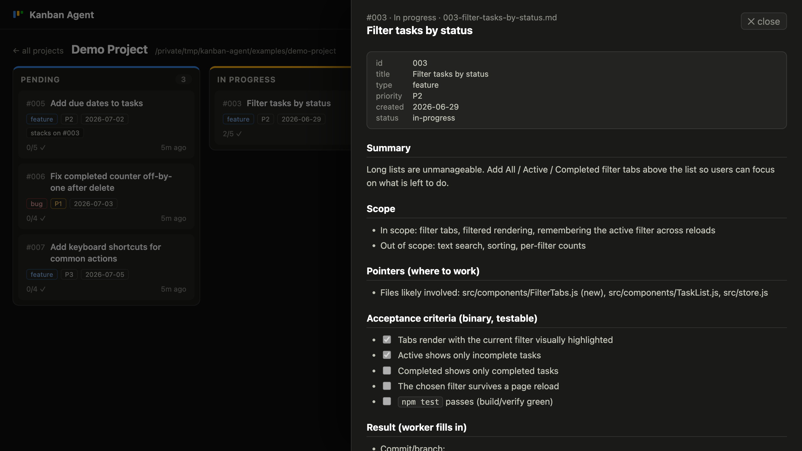 Item drawer — rendered markdown with frontmatter header