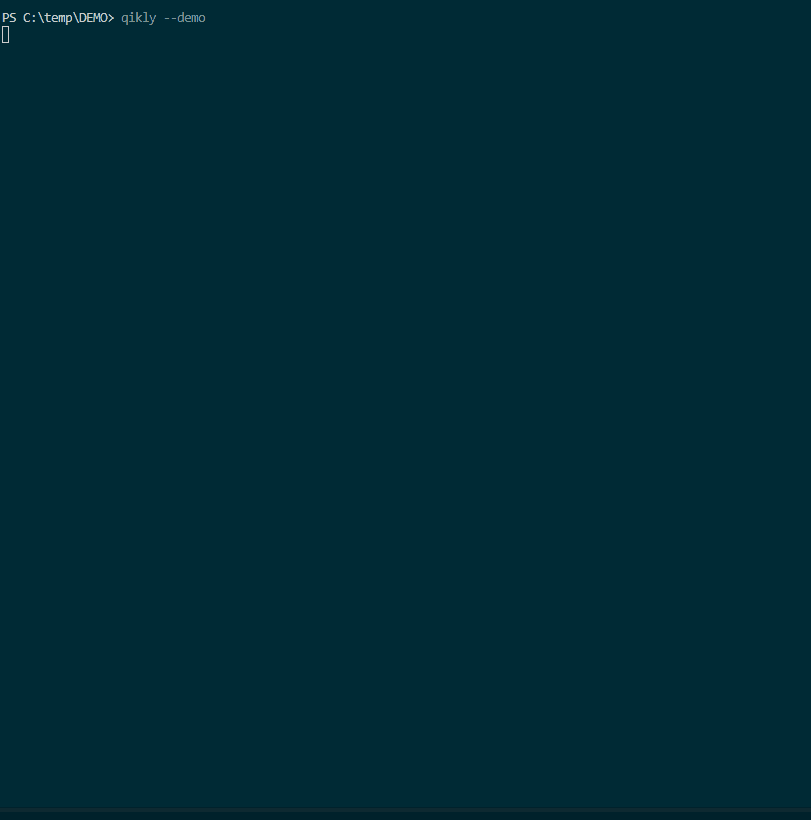 One qikly --demo run, unedited: criteria withheld, tests generated, a testfailing, a patch, green.