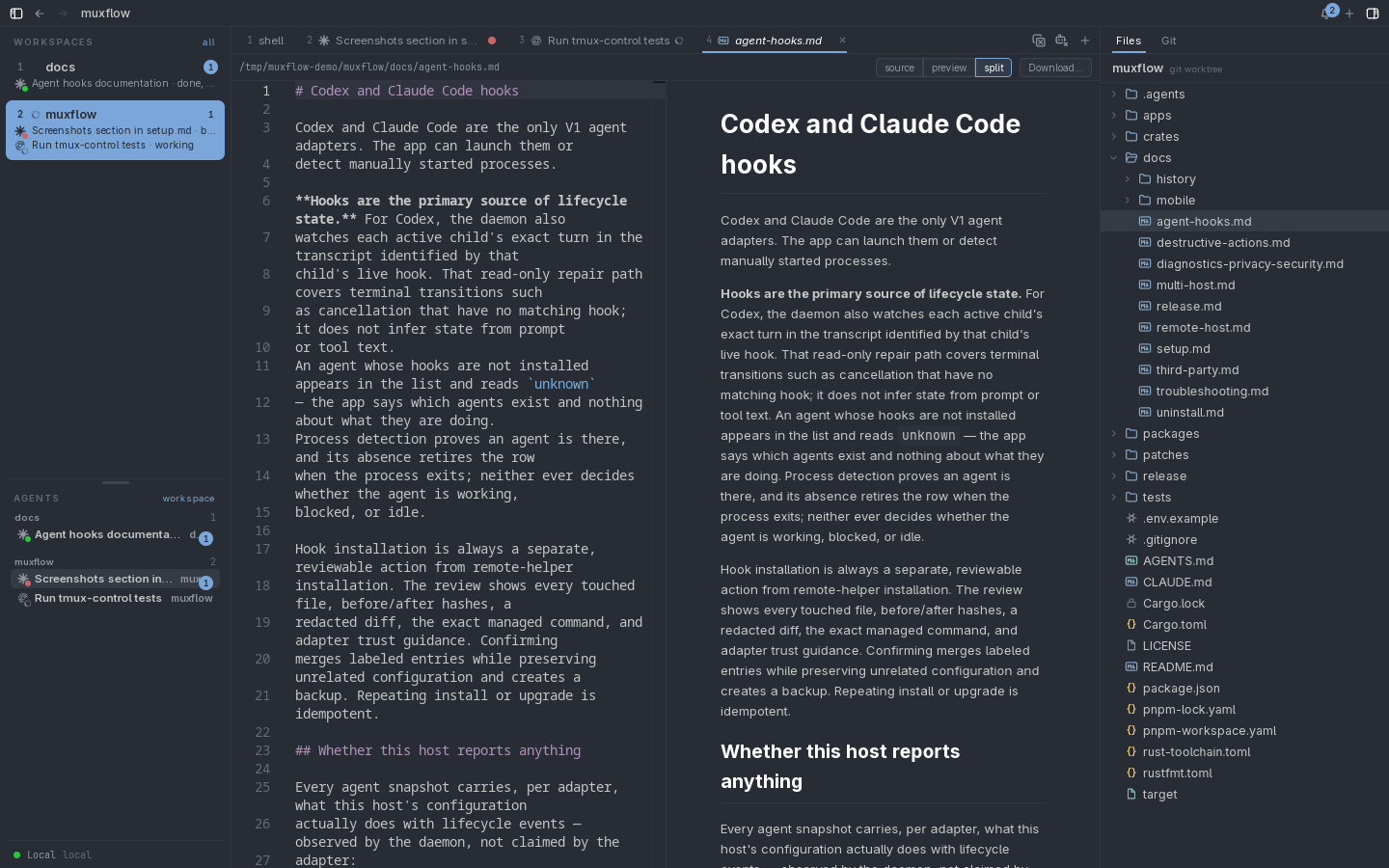 Markdown split editor with the Files panel