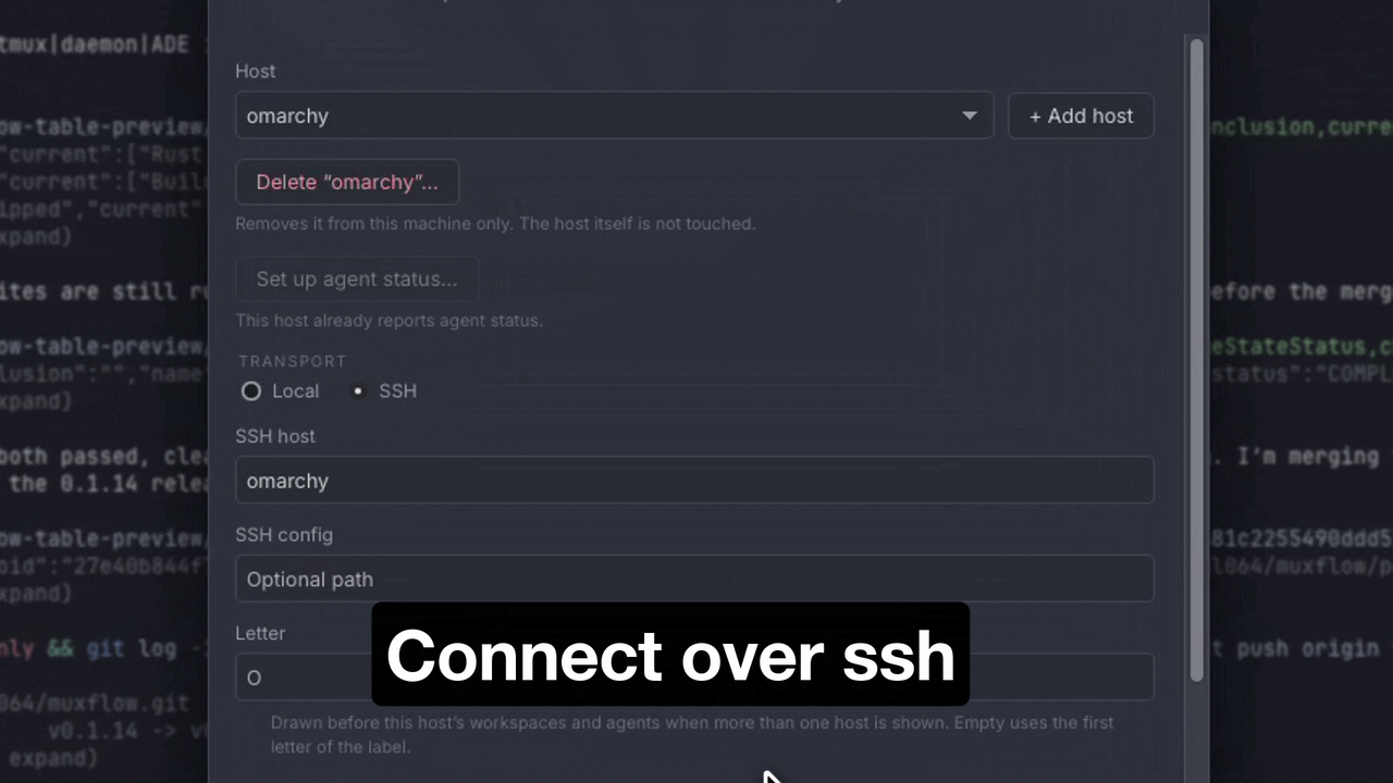 Connection settings with the SSH transport selected