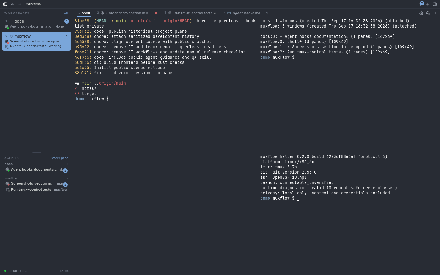 Muxflow mirroring a tmux session with three panes
