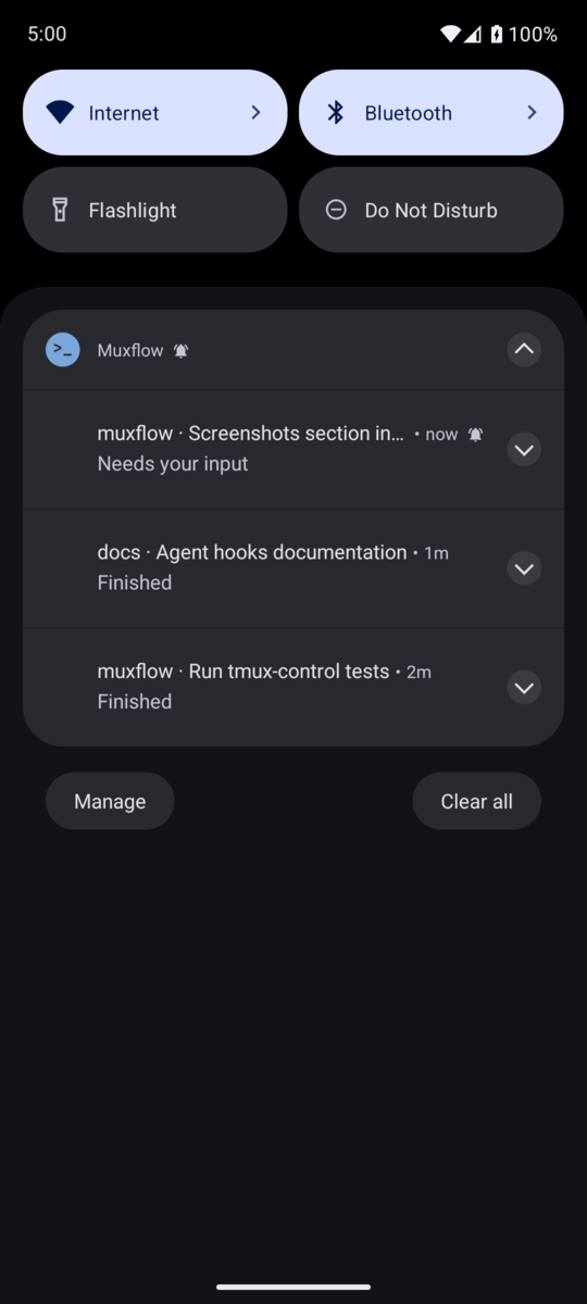 Android notification shade with Muxflow agent notifications