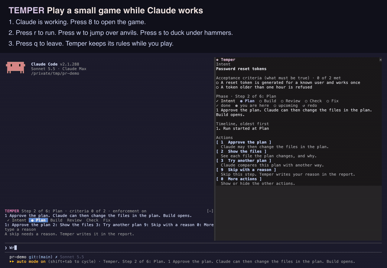 Temper Run, the optional game: Ember the dragon jumps over an anvil while Claude works