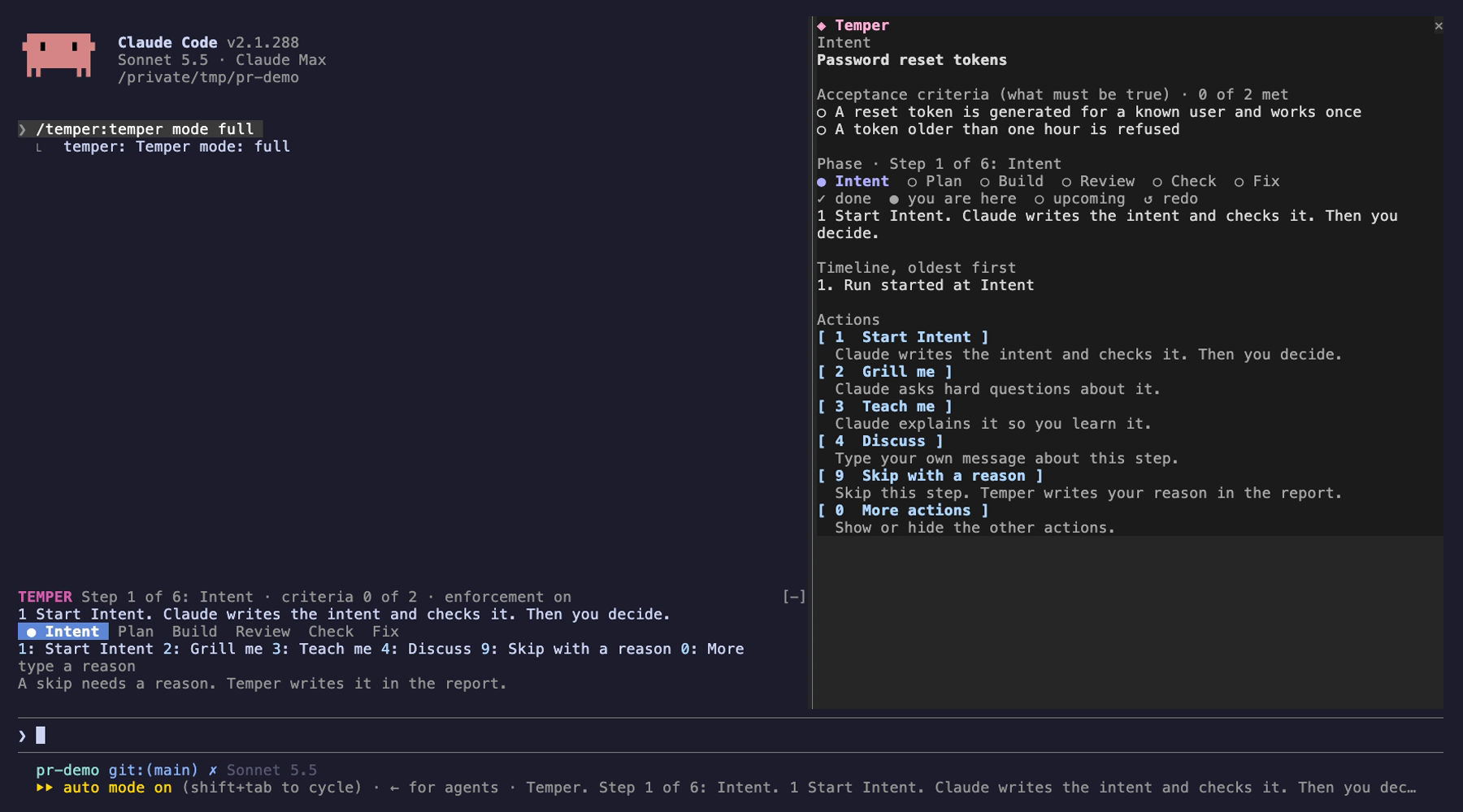 Full mode, dark: phase bar with action buttons and the pane