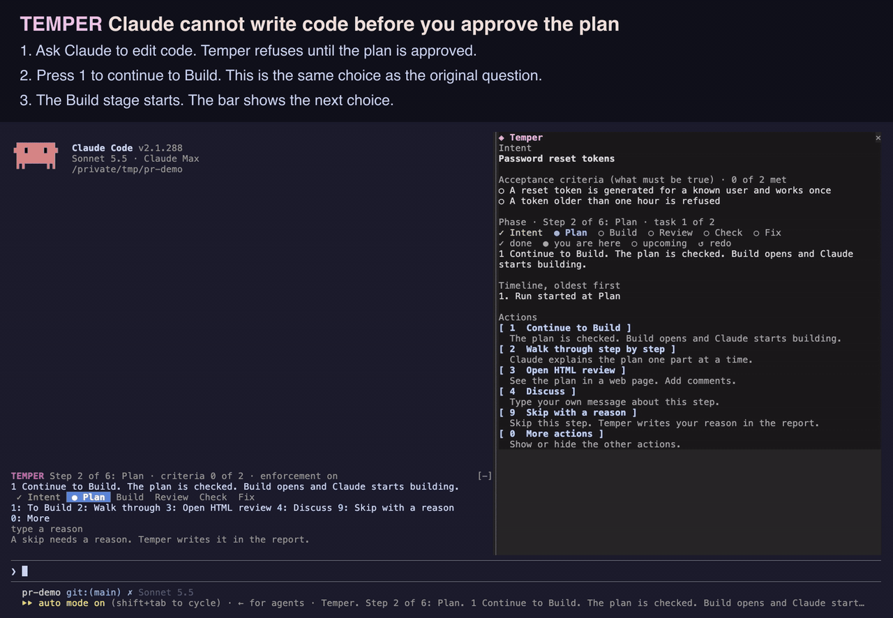 Temper in a terminal: a refused write, then an approval with one key moves the phase bar from Intent to Plan
