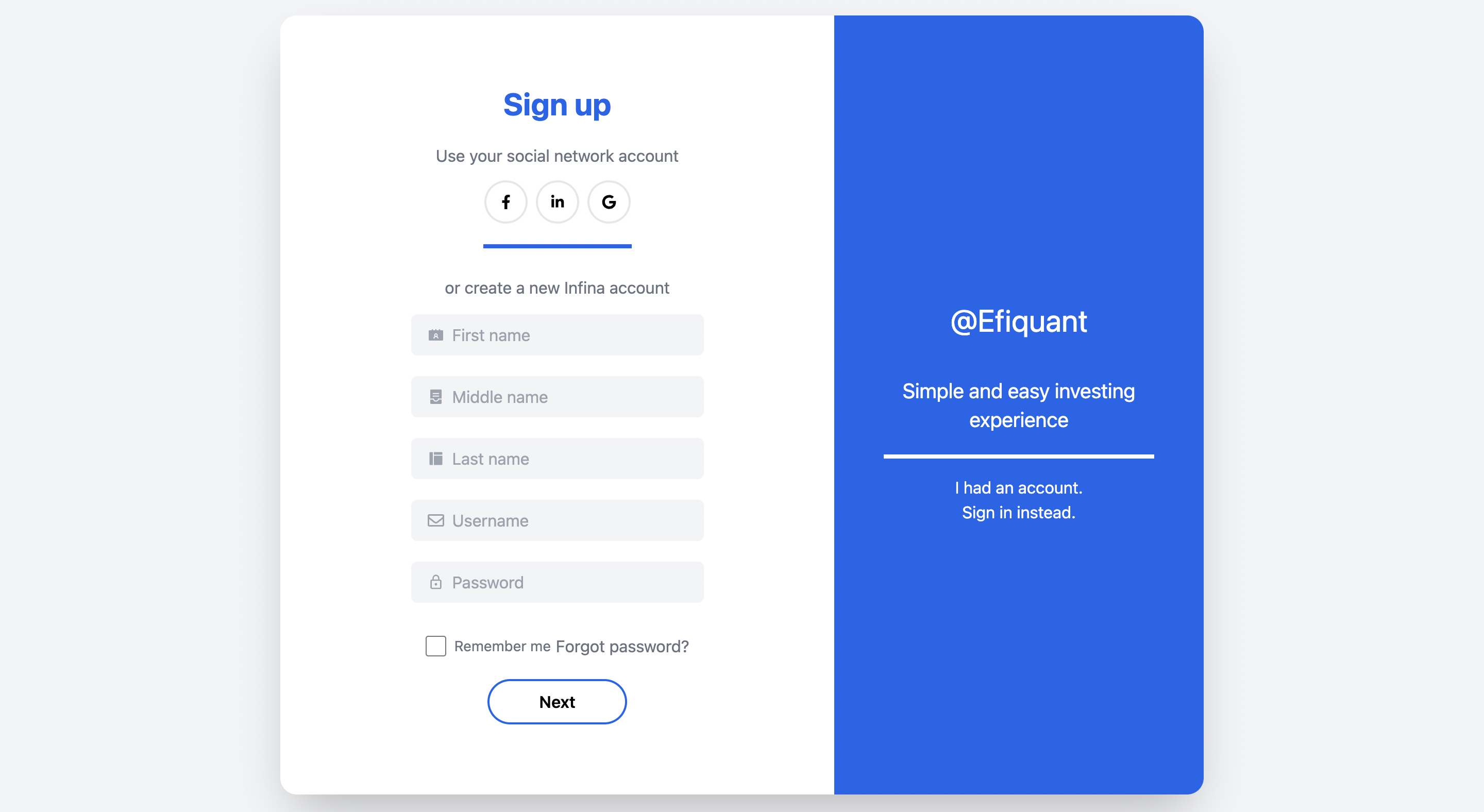 Signup screen