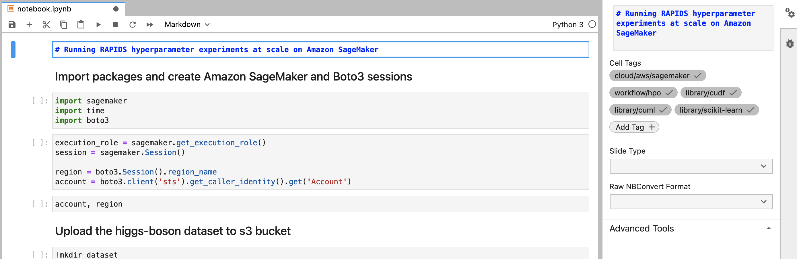 Screenshot of Jupyter showing the first cell of the open notebook has tags