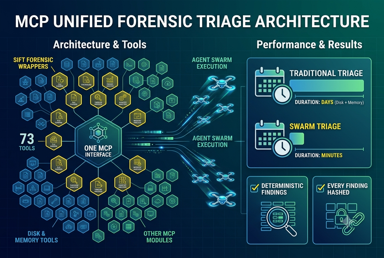 Agentropix-SIFT — MCP Unified Forensic Triage Architecture: 73 tools and 16 SIFT forensic wrappers behind one MCP interface; an agent swarm cuts days of disk + memory triage to minutes, with every finding deterministic and hashed