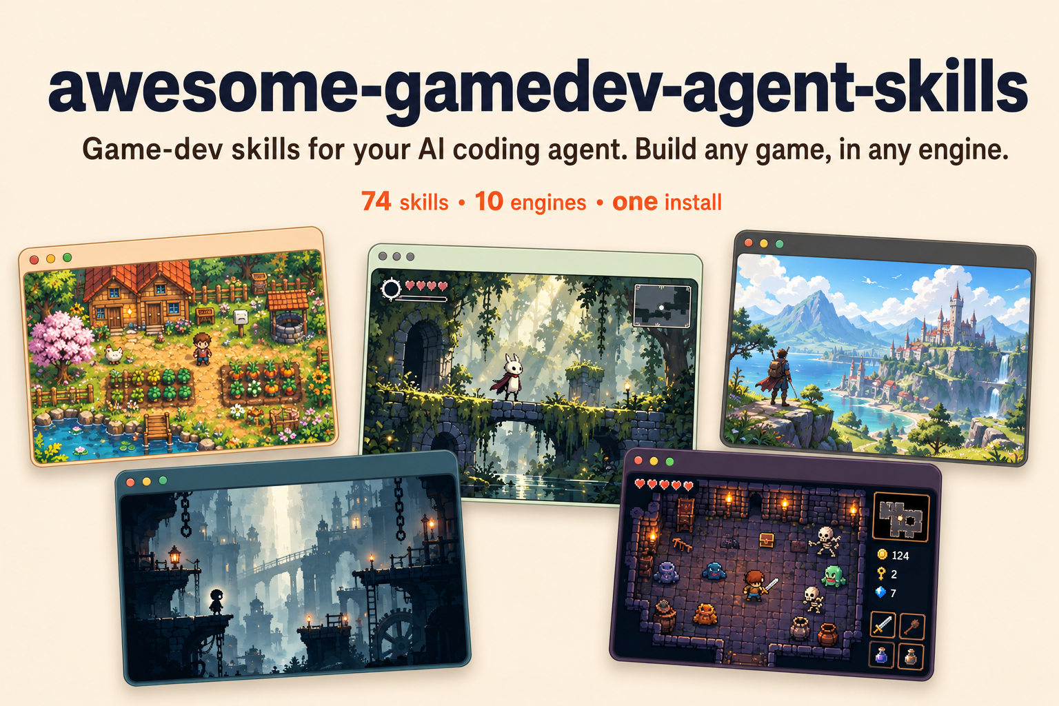 awesome-gamedev-agent-skills — game-dev skills for AI coding agents. 74 skills and a router across 10 engines, including an art-direction and asset-production workflow.