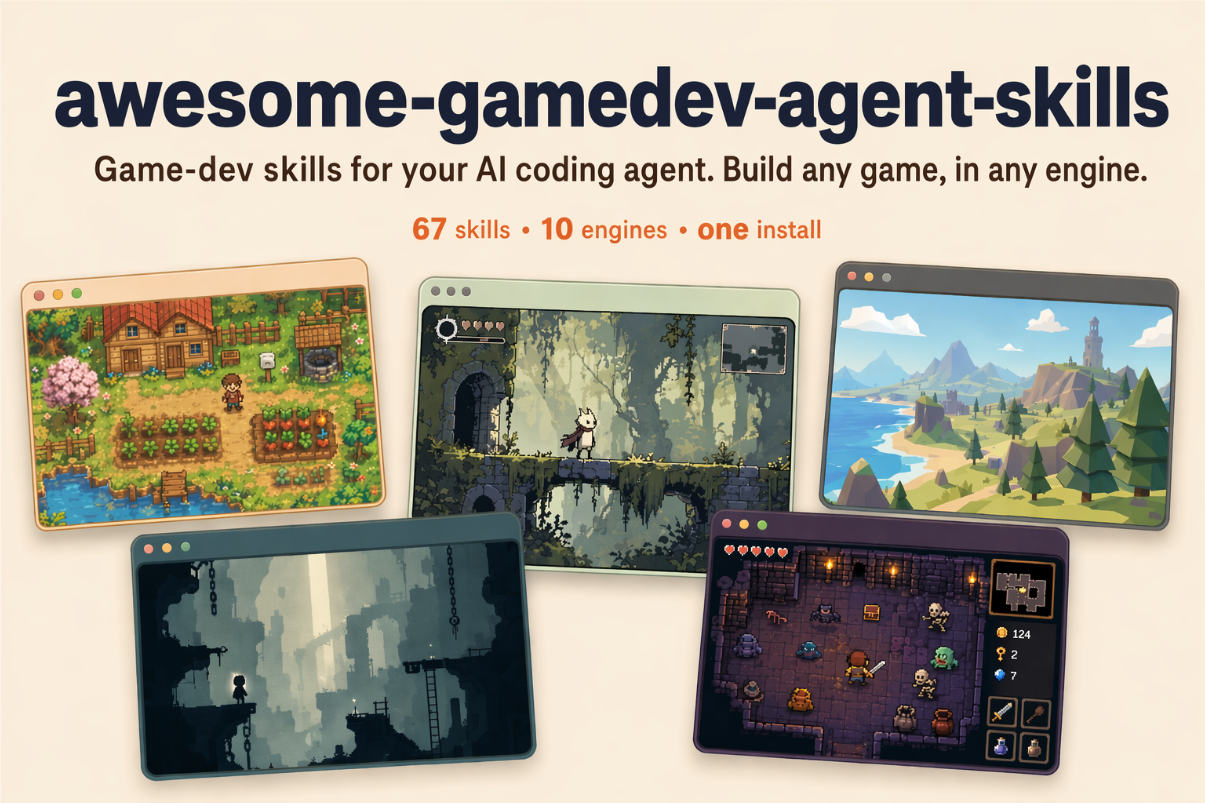 awesome-gamedev-agent-skills — game-dev skills for AI coding agents. 67 skills and a router across 10 engines, including an art-direction and asset-production workflow.